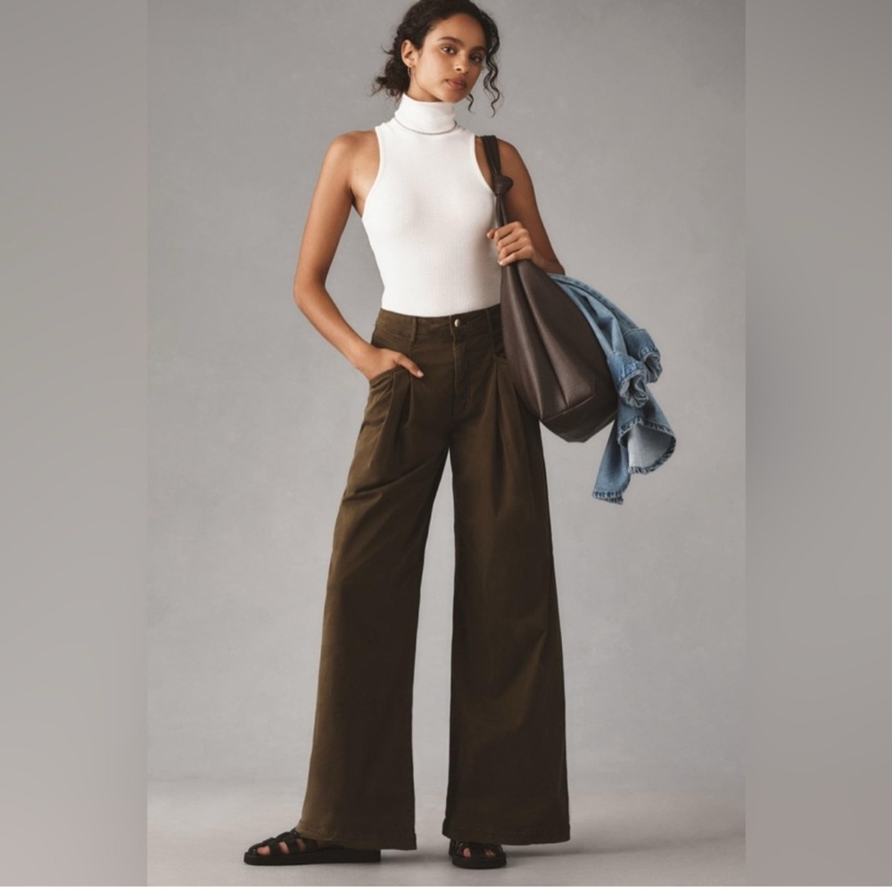 Anthropologie Maeve Oversized Wide-Leg Pleated Chino Pants in Moss Green Size 12 - Picture 1 of 16